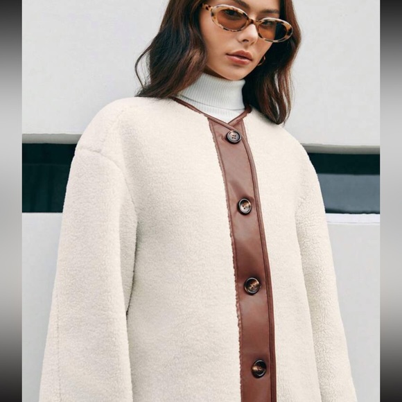 Contrast ivory & brown button front teddy faux Sherpa overcoat jacket cardigan - Picture 4 of 8